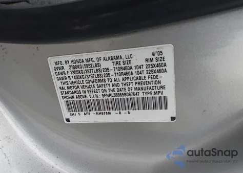 2005 Honda Odyssey Touring z USA, uszkodzony, nr VIN 5FNRL38865B087647